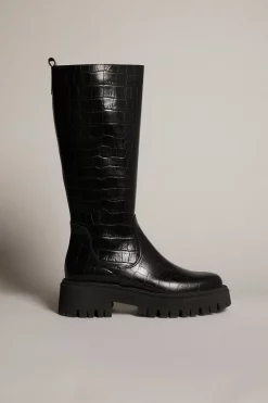 Budget ⌛ Karen Millen Knee High Croc Leather Flat Boot 🔔 -Karen Millen Shoes Shop akk03611 black xl 2