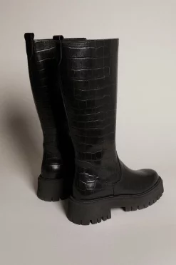 Budget ⌛ Karen Millen Knee High Croc Leather Flat Boot 🔔 -Karen Millen Shoes Shop akk03611 black xl 4