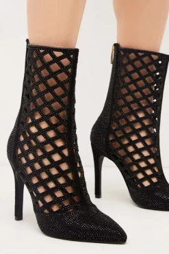 Budget 💯 Karen Millen Leather Embellished Caged Ankle Boot 🧨
