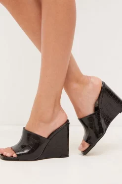 Promo 🛒 Karen Millen Leather Croc Wedge Open Toe Mules ✔️ -Karen Millen Shoes Shop womens black leather croc wedge open toe mules