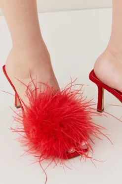 New 🔥 Karen Millen Feather Detail Heeled Mule 👍 -Karen Millen Shoes Shop womens red feather detail heeled mule