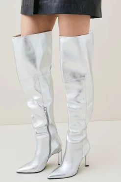 New 😀 Karen Millen Metallic Over The Knee Heeled Boot ✨ -Karen Millen Shoes Shop womens silver metallic over the knee heeled boot
